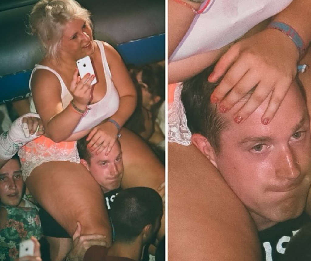 fat girl on shoulders at festival