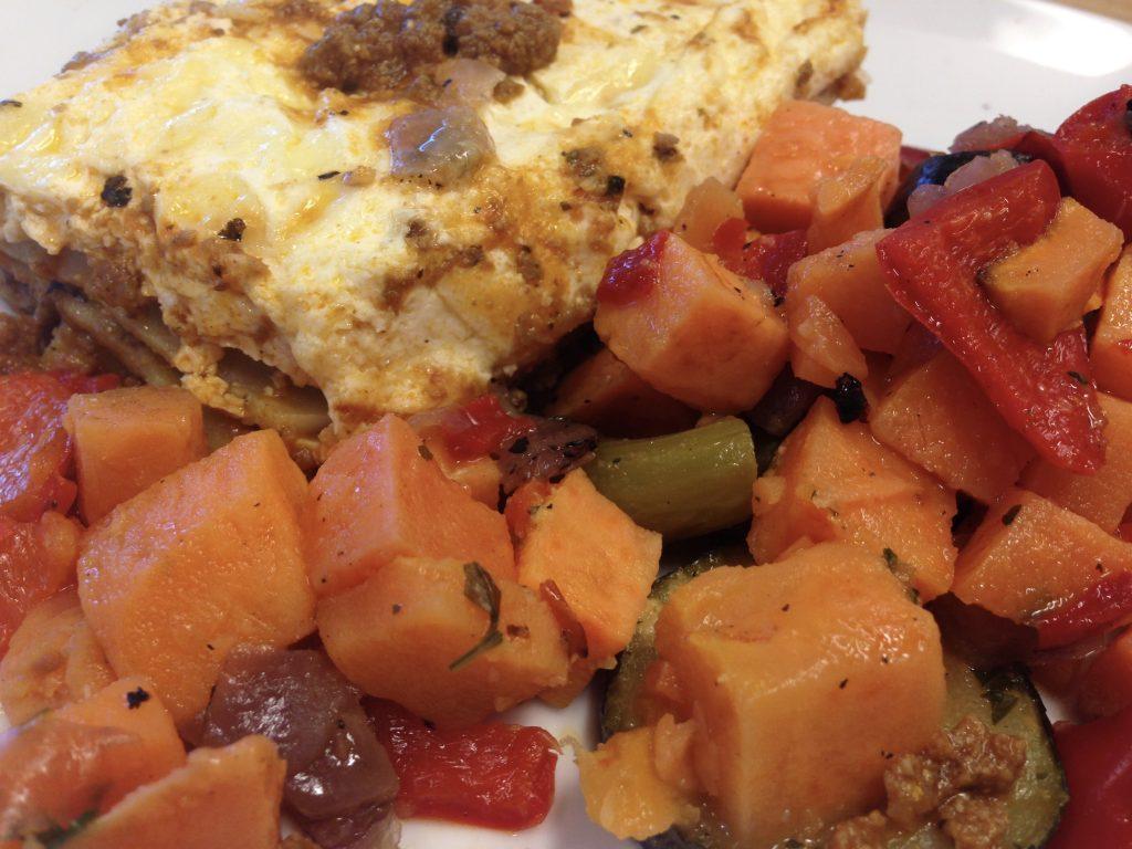 Musclefood Beef lasagne with roasted Italian style vegetables